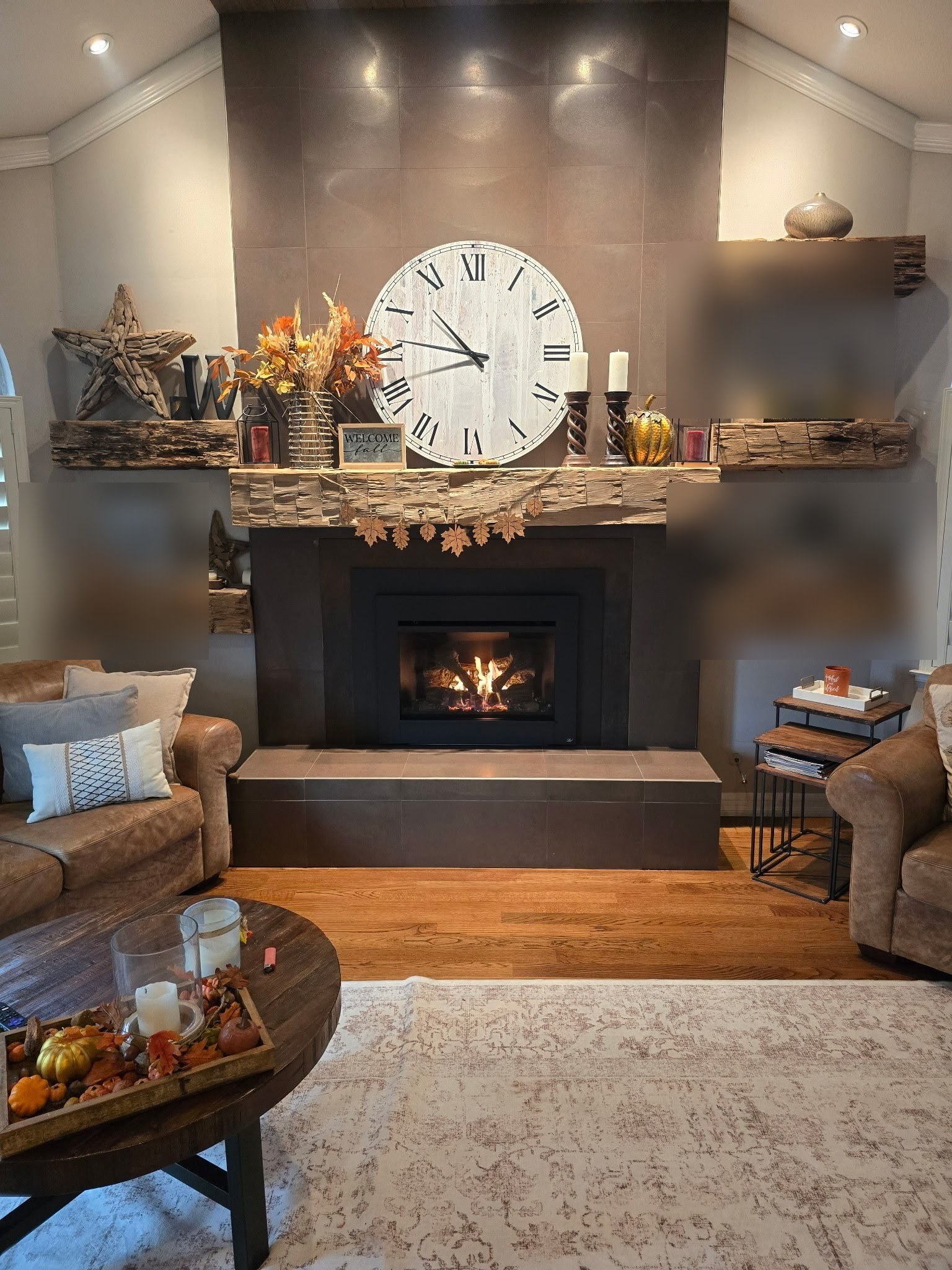 Styled fireplace with wood mantle