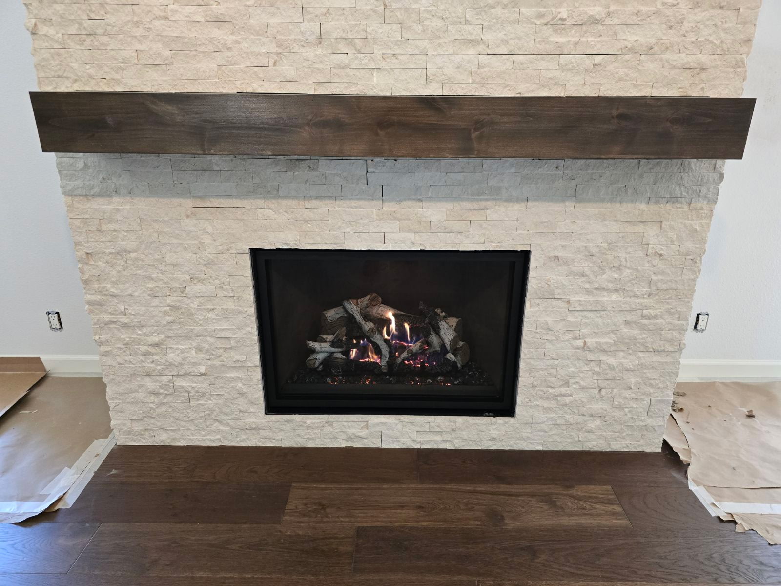 White stone fireplace